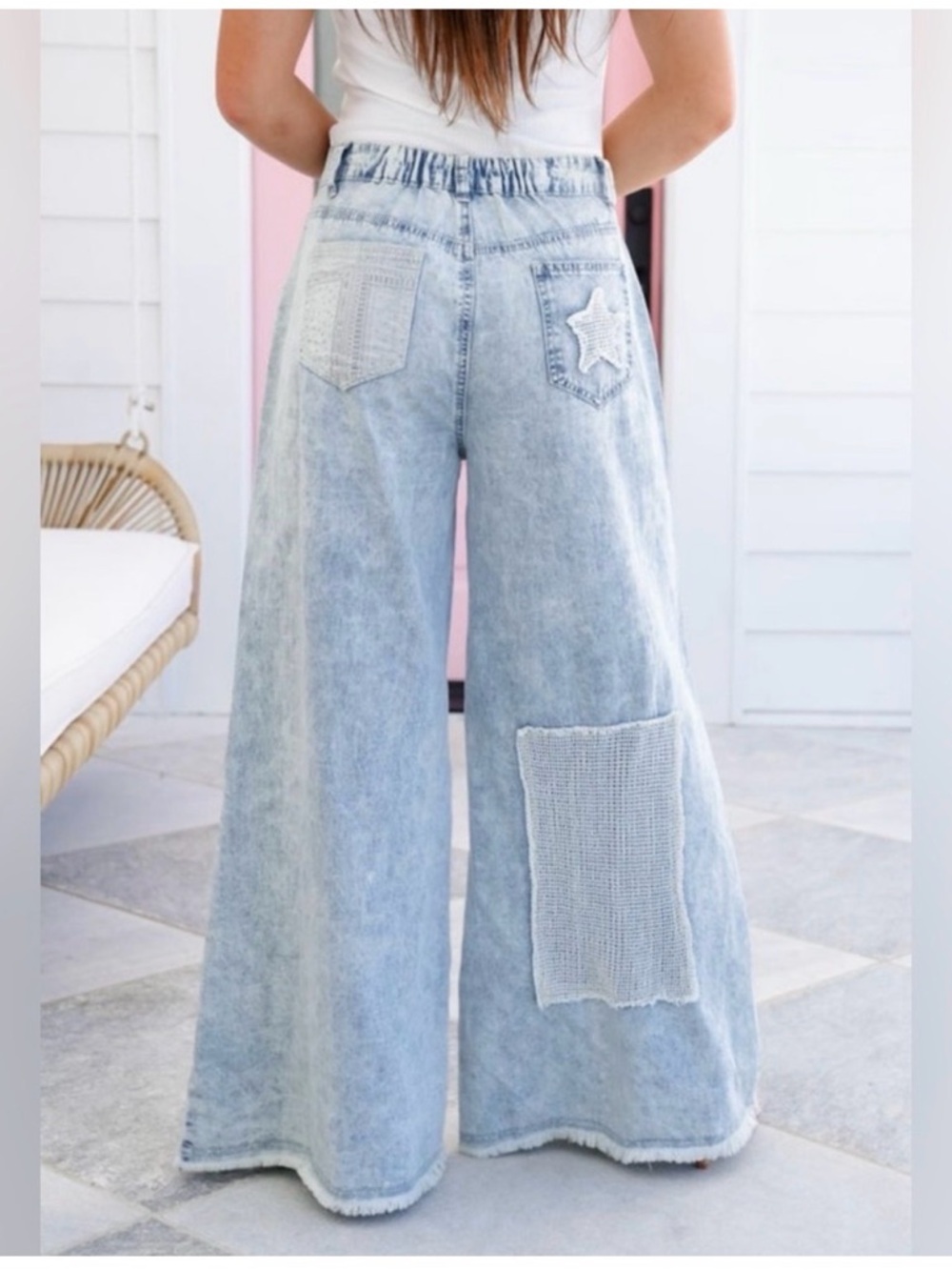 POL Light Wash Wide Leg Jeans with Star Patches - Picture 4 of 7